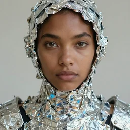 a close - up shot of a brown woman wearing a shimmering armor made of layers and layers of aluminium foil. extremely soft lighting. fragile. piercing eyes!! coherent face!! no makeup!! l layered. textured. shimmering. by ray caesar. by louise dahl - wolfe. by andrea kowch. surreal photography
