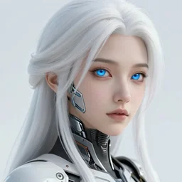 detailed portrait of perfect white haired girl, android, warframe armor, beautiful, dreamy, pretty face, blue cyborg, eyes, innocent, scifi, 4 k, blue, gold, sun yunjoo, ultra realistic, aura of light, cinematic lighting, highly detailed, sharp focus, masterpiece, art by won kim