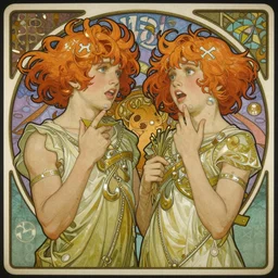 fraternal twins mercury, boy and girl, flighty and indecisive, enthusiastic and bubbly, erratic air sign, cinematic portrait by artgerm, cushart krenz, greg rutkowski, mucha. art nouveau. gloomhaven, gleaming vibrant colors, sharp edges. ultra clear detailed. 8 k. elegant, intricate, octane render