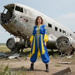 ukrainian girl with blue and yellow clothes near big ruined plane, concept art, trending on artstation, highly detailed, intricate, sharp focus, digital art, 8 k