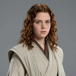 star wars portrait of a woman by greg rutkowski, togruta - human hybrid, young jedi knight, round face, brown wavy hair, she is about 2 0 years old, wearing jedi robes, arstation hq.
