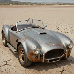 closeup of rusty shelby cobra, full car, weathered, ultra realistic, ultrarealism, desert, cracked dry lake bed, by Zdzislaw Beksinski, Norman Rockwell, al duke, Valter de Morais, highly detailed, soft lighting, film grain, 8k resolution, hd, oil on canvas