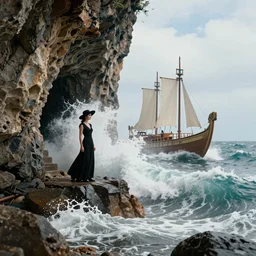 photograph with stylish lens effect, stylistic lighting, 1 9 8 0's sci - fi epic artistic style, weta digital, octane render, a woman in a black dress and hat standing in the cliffside entrance to a cave alongside crashing dramatic ocean waves with sea foam and sea spray, an ancient greek trireme
