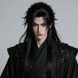black aura, handsome japanese demon boy, young adult mazoku man with long wild spiky black hair, vantablack cloak, ultra - black cloak, red eyes, ultra realistic, intricate details, eerie, highly detailed, photorealistic, octane render, 8 k, art by artgerm, greg rutkowski, charlie bowater, magali villeneuve, alphonse mucha