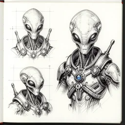 a full page concept designs of the alien portrait, elite, industrial design blueprint, intricate details, ink on paper