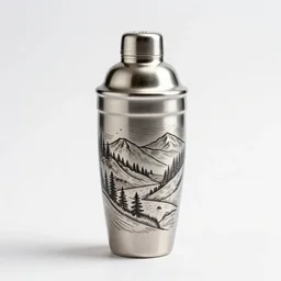 engraved cocktail shaker, studio product photography, isolated on a pure white background, centered, entire object in frame, sharp focus, soft studio lighting