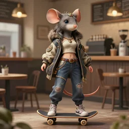 photography of a female anthropomorphic rat fursona wearing skater clothes in a coffee shop, deep focus, d & d, fantasy, intricate, elegant, highly detailed, digital painting, artstation, concept art, matte, sharp focus, illustration, hearthstone, art by artgerm and greg rutkowski and alphonse mucha