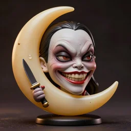 vinyl designer toy, character head shaped as crescent moon, creepy smiling evil face with wrinkles, holds a small knife in hand