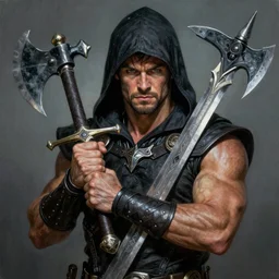 photorealistic painting of Chris Hemsworth as Vanth Dreadstar , dark hooded assassin wielding a sword with an axe-blade hilt, extremely muscular male fantasy hero, extremely detailed, mixed media style comic book artwork, sci-fi fantasy art, sharp focus, perfectly symmetrical facial features, melancholy lighting, art by Angel Medina and Jim Starlin , hyperrealism, golden ratio, hyperdetailed, heavily detailed and intricate