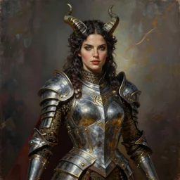 a beautiful woman with horns and armor, victorian armor, adriana lima, painted by artgerm and tom bagshaw, fantasy art, dramatic lighting, highly detailed oil painting