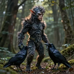 male human and crow!! chimera, photograph captured in a forest