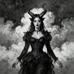 By Tom Bagshaw, ultra realist soft painting of carnival curiosities by night, very beautiful single female gothic fully dressed, horns, symmetry accurate features, very intricate details, ominous sky, black and white, volumetric light clouds