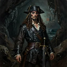ultra realistic color portrait painting of an undead 1 7 th century pirate with a sword in a grotto, dark, painted, brooding, atmospheric, seascape, horror, smooth, epic, highly detailed, cinematic, by angus mcbride