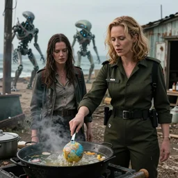 she makes the deep boil. dark fantasy story about two casually - dressed women in a dirty seaside town, a globster, and a beautiful song. color cinematic still from an action - packed 2 0 1 1 conquering!! hybridizing alien - robot invasion science - fiction blockbuster movie starring uniformed gillian anderson ; highly - detailed.