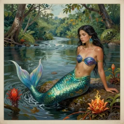 a beautiful portrait of a mermaid in a river of the amazon, ayahuasca, fantasy art, highly detailed, matte painting, visionary art
