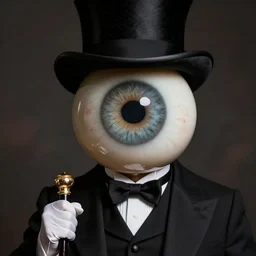 hyperreal lifelike portrait of eyeball headed gentleman, impeccably dressed in elegant black tailcoat tuxedo and top hat with theatrical walking cane, large round spherical eyeball with veiny bloodshot orb