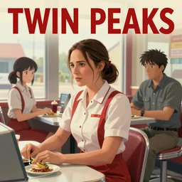 Twin Peaks poster artwork by Michael Whelan and Tomer Hanuka, Karol Bak, Rendering of Jennifer Connelly working at the local diner, wearing rr diner uniform, from scene from Twin Peaks, full of details, by Makoto Shinkai and thomas kinkade, Matte painting, trending on artstation and unreal engine