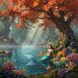 a cherry tree autumn forest under water in horizon zero dawn 2, rainbow corals and foliage, a swimming mermaid, god rays, d & d, fantasy, intricate, elegant, highly detailed, digital painting, artstation, concept art, matte, sharp focus, illustration, hearthstone, art by bouguereau and greg rutkowski and ruan jia and conrad roset and bierstadt.