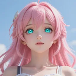 stunningly beautiful gigantic omnipotent anime goddess with pink hair and mesmerizing cyan eyes, viewed from below, 8 k