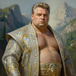 painted portrait of rugged viktor orban wearing bling, masculine mature mountain vegetation handsome powerful upper body hairy burly robe fantasy intricate elegant extremely detailed digital painting trending artstation concept art sharp focus illustration art by alphonse mucha greg rutkowski craig mullins