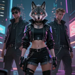 anthropomorphic female wolf character wearing black cyberpunk skater clothes with neon highlights in a cyberpunk city at night. Renowned character illustration by greg rutkowski, thomas kindkade, alphonse mucha, loish, norman rockwell. Trending on artstation 4k. Highly detailed. Digital art.