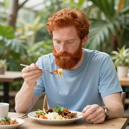 red headed man with beard having lunch in a bright beautiful botanical gardens with a foundation in the background, water colour