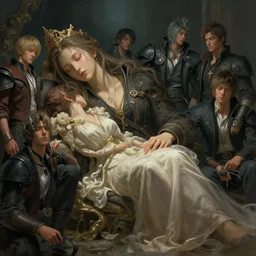 a fancy portrait of a sleeping female giant by Greg Rutkowski, Sung Choi, Mitchell Mohrhauser, Maciej Kuciara, Johnson Ting, Maxim Verehin, Peter Konig, final fantasy, Marco lense , 8k photorealistic, cinematic lighting, HD, high details, atmospheric , trending on artstation