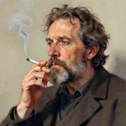 portrait of a middle aged writer with a beard, he is smoking a cigarette, style of greg rutkowski