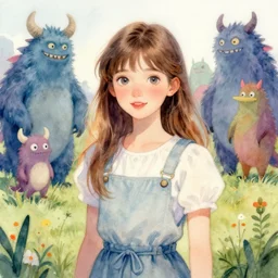 midsummer girl and monsters in the background ; trending watercolor realistic style painting