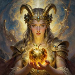 stargate background of trojan horse, closeup portrait of eris discordia, holding an glowing reflective gold!!! metal apple, goddess of chaos, fantasy character portrait, ultra realistic, wide angle, intricate details, artifacts, luminous skies, michael cheval, peter mohrbacher, boris vallejo, jessica rossier, oil painting, highly detailed, cinematic lighting, unreal