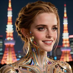 beatifull closeup of face shoulders of futuristic biomechanical emma watson sculpture, fractal, intricate, elegant, highly detailed, ornate, elegant, luxury, beautifully lit, ray trace grinning vogue fashion shoot by peter lindbergh fashion poses detailed, saturated tokyo neon lighting, blade runner, golden hour, professional photograph by peter gric styling