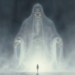 a giant humanoid deity looms over a tiny human. ethereal fantasy art by greg rutkowski