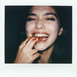 hand with bloody fingernails emerging from mouth. portrait of a smiling woman with many teeth. hq photo, surreal, harsh lighting. polaroid type 6 0 0. fear. unnerving. menacing. supernatural