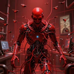 only with red, a creepy red man in symbiosis with technology, red wires attack, in a red laboratory red flies, dorohedoro vibes, in the style of beksinski, parts by edward hopper, parts by michael sowa, parts by yue minjun, intricate composition, red by caravaggio, highly quality, highly detailed, masterpiece, red light, artstation,