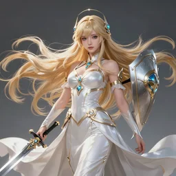 goddess of wisdom as an anime character fantasy amazing, sword drawn and shield wielded, 4 k high resolution