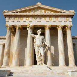 a matte painting of a Atlantis grec temple olymp glory statue pantheon in white marble gold incrusted of legends adn red flag dynasty brutalist architecture by Frank Lloyd Wright and Zaha Hadid torch volume light