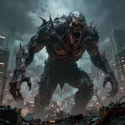 a large, hideous monster looming over a city, scary, 8 k octane render, photorealistic