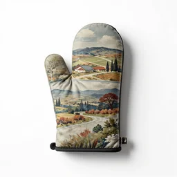 mid-century oven mitt, professional product shot, isolated on a pure white background, centered, entire object in frame, sharp focus, soft studio lighting