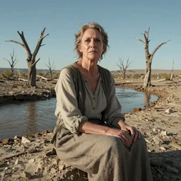 full shot of a 65-year-old Gaia, visible tears on her face, facing the camera and sitting on a dried up river in a desolate land, dead trees, blue sky, hot and sunny, highly-detailed, elegant, dramatic lighting, artstation, 4k, cinematic landscape, photograph by Elisabeth Gadd