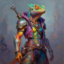 a portrait of a scifi post apocalyptic lizardfolk, sorcerer divine, hermit male, scifi fantasy character design, psychedelic vibrant colors, futuristic punk rock fashion, oil painting by raid studio, sharp focus, realistic, highly detailed, 8 k