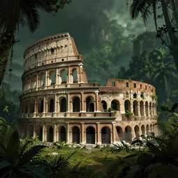 An epic matte painting of an overgrown coloseum in the jungle, dark, mysterious, intricate, gorgeous, tropical, stunning, 4k resolution, featured on artstation, f16