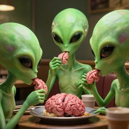 green aliens brainsuckers in restaurant eating brains, perfect face, fine details, studio lighting, subtle shadows, art by katsuya terada, photorealism, hyper realism, octane render, hyper detailed, canon eos r 3, f / 1. 4, iso 2 0 0, 1 / 1 6 0 s, medium shot, 8 k, raw, unedited, in - frame,