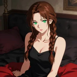beautiful woman with braided brown hair and green eyes, wearing a camisole, sitting on her bed, black and red colors, highly detailed, in the style of and ilya kuvshinov and greg rutkowski, high quality anime artstyle, intricate