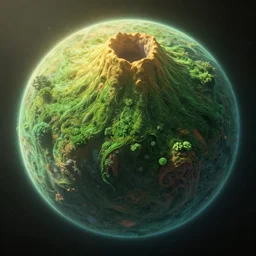 extremely detailed view of full lush volcanic planet in space, soft light, golden glow, jade green, diffuse lighting, fantasy, intricate, surrealism!!!!, highly detailed, lifelike, photorealistic, digital painting, artstation, illustration, concept art, smooth, sharp focus, by greg rutkowski, chris tulloch mccabe, valentina remenar and asher duran