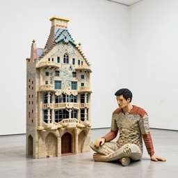 stunning intriguing sculpture of man sitting on the floor, composed of tiny colorful bricks, in a shape of a building by antoni gaudi by roerich in clean minimal style museum