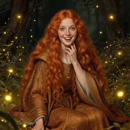 a totally amazed smiling mage girl surrounded by golden firefly lights in a mesmerizing scene, sitting amidst nature fully covered! intricate detailed robe, long loose red hair, precise linework, accurate green eyes, small nose with freckles, beautiful smooth oval head, expressive emotions, hyper realistic ultrafine portrait by artemisia gentileschi, jessica rossier, greg rutkowski