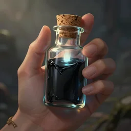 epic detailed digital art of a hand holding a single small corked bottle of mysterious viscous black liquid, light shining through the bottle; magic the gathering art by Volkan Baga, artstation