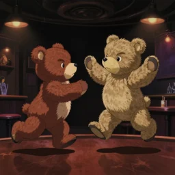 wild and crazy teddy bear bouncing toward each other in a night club, dark retro lighting, darkly playful color scheme, intricate details, matte painting, illustration, by hayao miyazaki