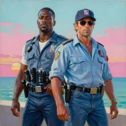 an oil painting of crockett and tubbs, eighties miami vice, ultra realistic, highly detailed, sunset, masterpiece, cinematic by frank frazetta, greg rutkowski, beeple, christian macnevin, beeple, wlop, krenz cushart, epic fantasy character art, volumetric lighting, cgsociety, pink and teal