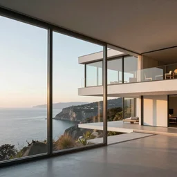 Modern house interior with big windows dawn , on a cliff water view focus minimalistic epic architecture